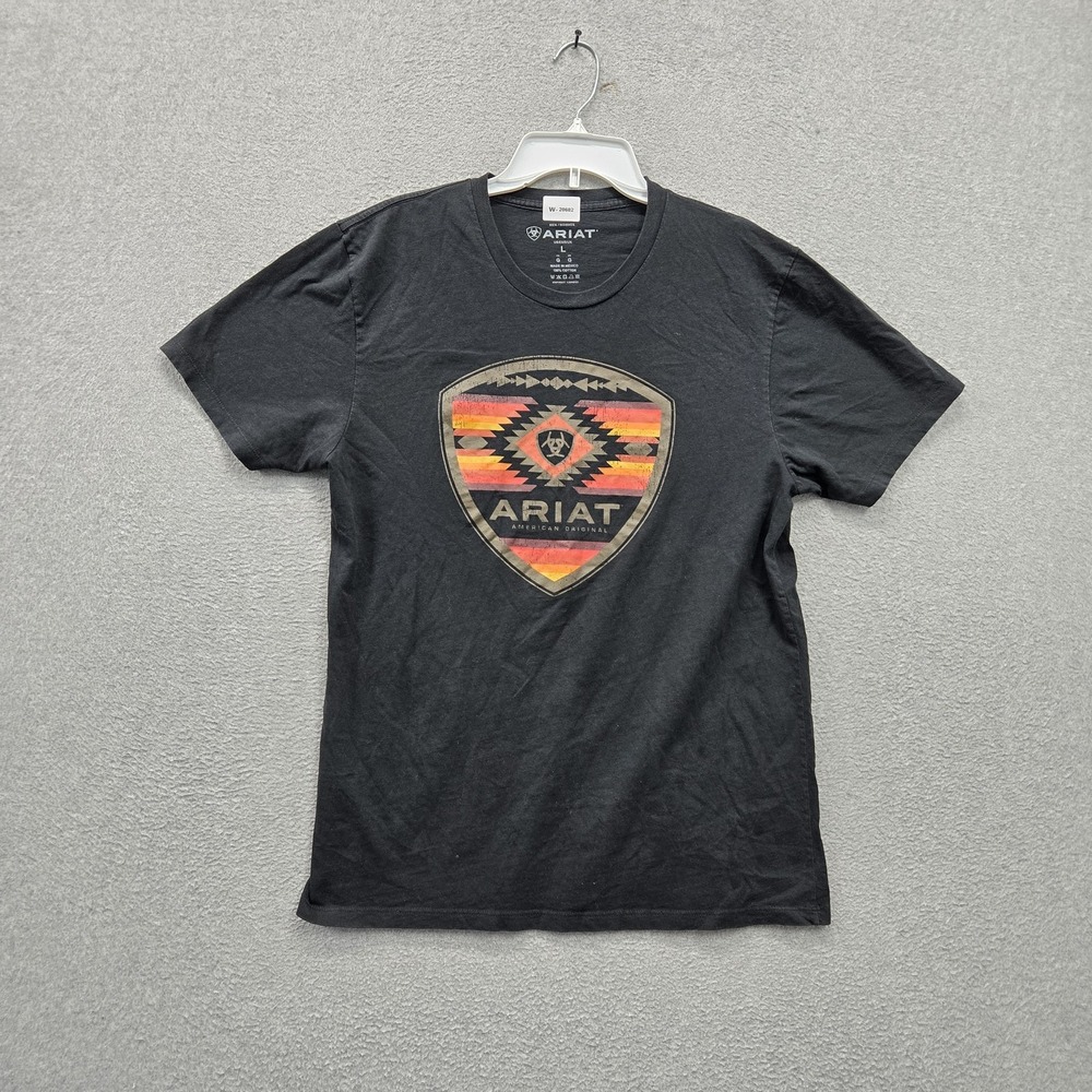 Ariat Men Shirt L Black Graphic Aztec Shield Logo Short Sleeve